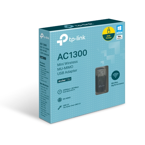 Archer T3U TP-Link  AC1300 Mini Wireless MU-MIMO USB Adapter，Mini Size, 867Mbps at 5GHz + 400Mbps at 2.4GHz, USB 3.0