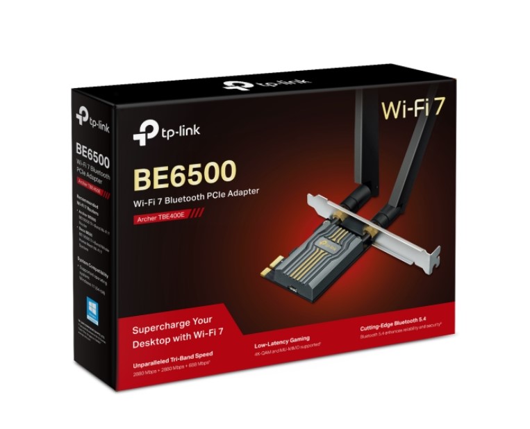 Archer TBE400E TP-Link  BE6500 Wi-Fi 7 Bluetooth 5.4 PCIe Adapter,  6GHz@2882 Mbps, 5GHz@2882 Mbps, 2.4GHz@688 Mbps (wifi7) (NIC)