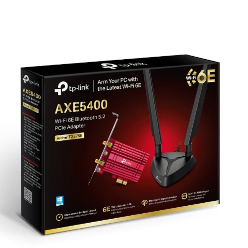Archer TXE75E TP-Link  AXE5400 Wi-Fi 6E Bluetooth 5.2 PCIe Adapter.2402 Mbps @ 6GH,2402 Mbps @ 5 GHz.574 Mbps @2.4 GHz