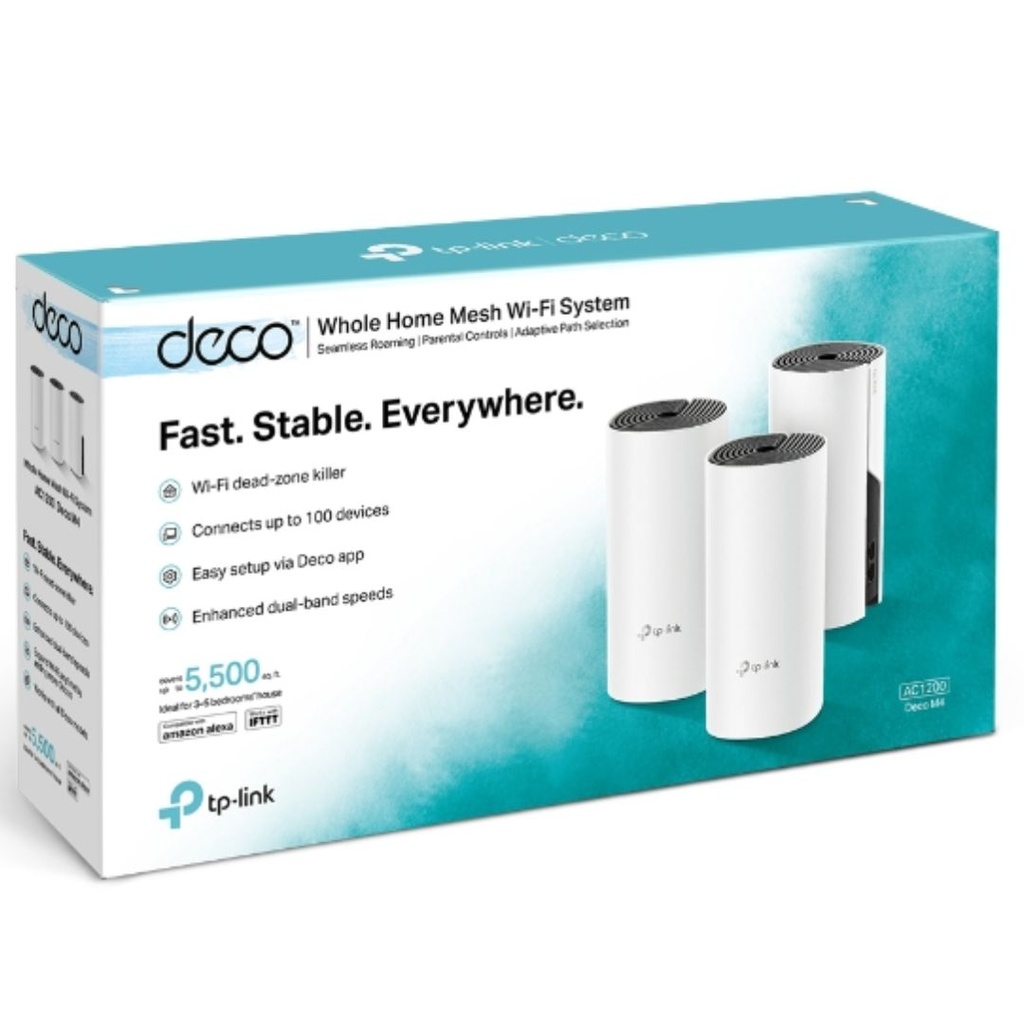 Deco M4(3-pack) TP-Link Deco M4 (3-pack) AC1200 Whole Home Mesh Wi-Fi System.  ~370sqm Coverage, Up to 100 Devices, Parental Control