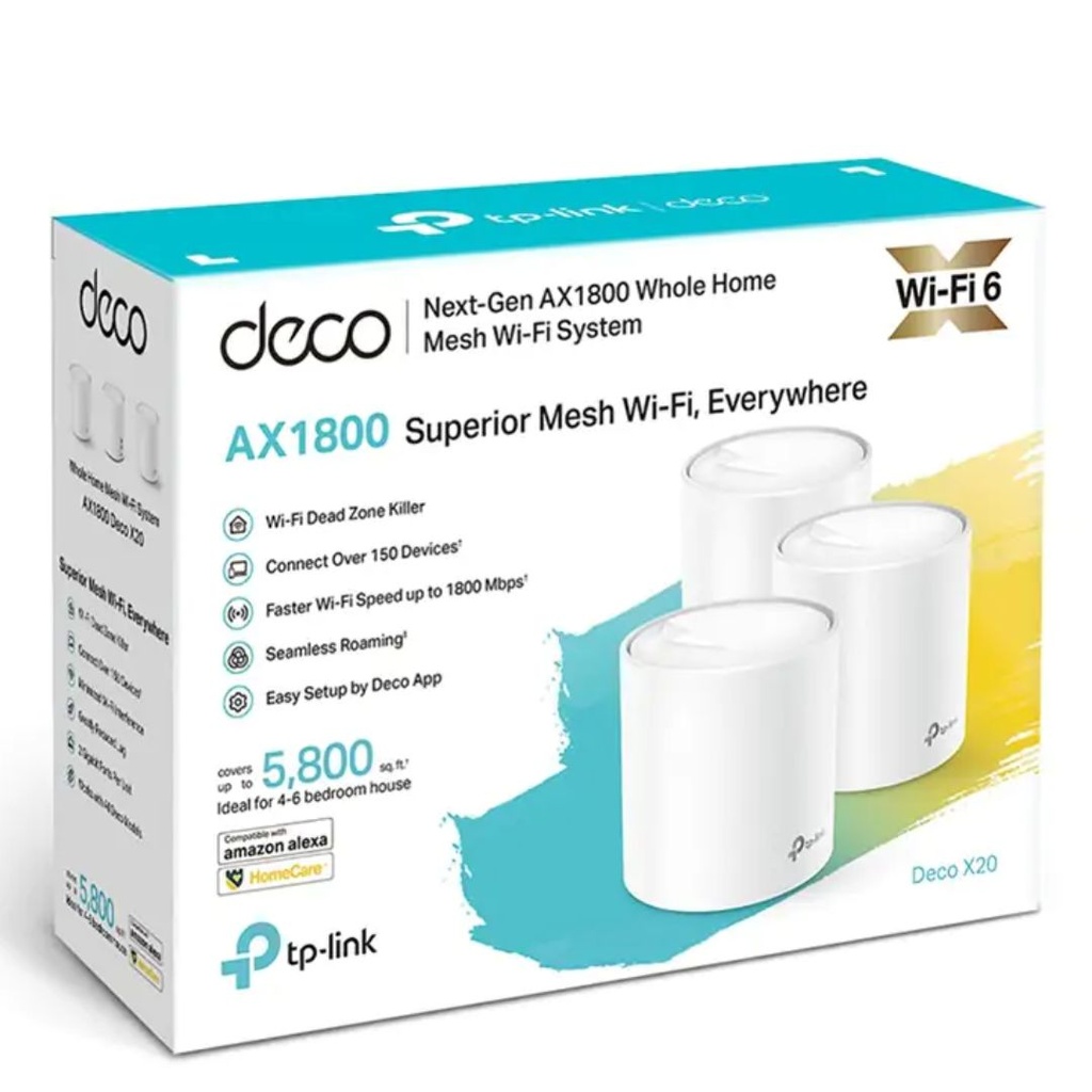 Deco X20(3-pack) TP-Link  AX1800 Whole Home Mesh Wi-Fi System, Up To 530 sqm Coverage, WIFI6, 1201Mbps @ 5Ghz, 574Mbps @ 2.4 GHz OFDMA, MU-MIMO (WIFI6)