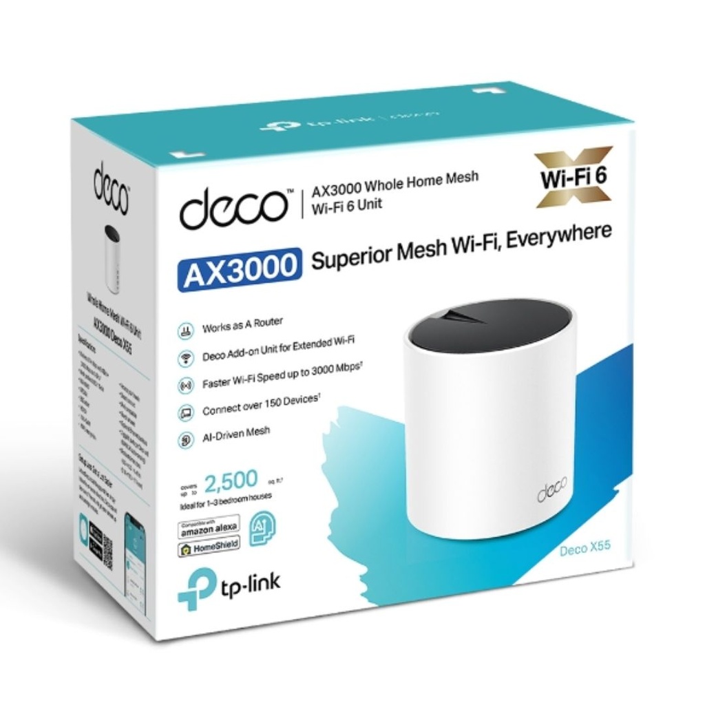 Deco X55(1-pack) TP-Link  AX3000 Whole Home Mesh WiFi 6 Router, Dual-Band with Smart Antennas, MU-MIMO, HomeShield Security