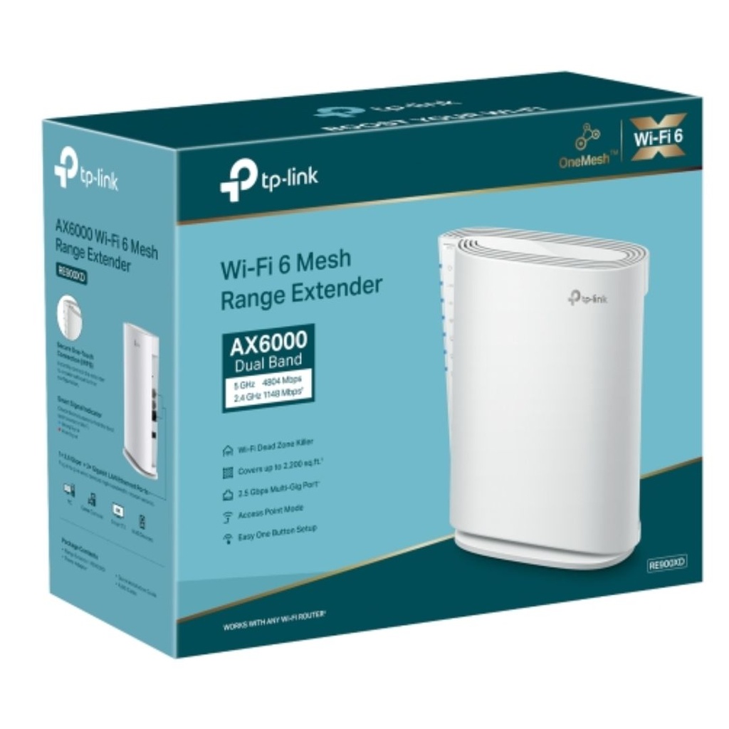 RE900XD TP-Link  AX6000 Mesh Wi-Fi 6 Range Extender 1148Mbps@2.4 GHz, 4804Mbps@5 GHz,1×2.5 Gbps Multi-Gig Port+ 2× Gigabit Ports