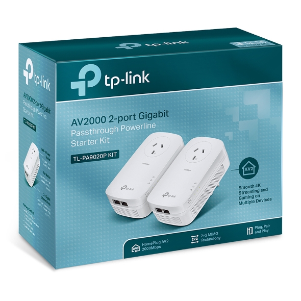 TL-PA9020P KIT TP-Link  AV2000 2-Port Gigabit Passthrough Powerline Starter Kit, HomePlug AV2, Up To 2000Mbps, 2X2 MIMO With Beamforming, Plug and Play