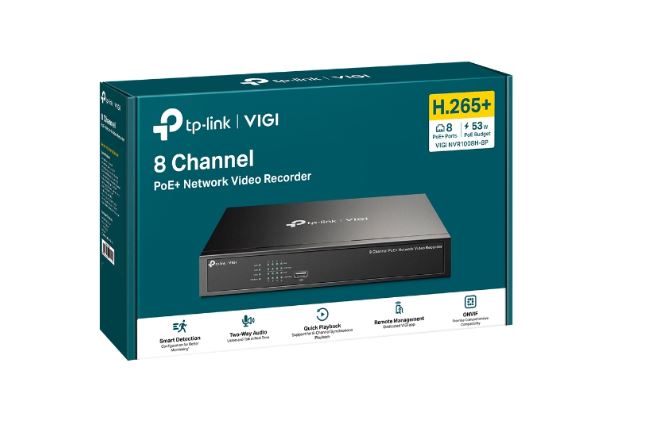 VIGI NVR1008H-8P TP-Link  8 Channel PoE+ Network Video Recorder, 53W PoE Budget, H.265+, 4K Video Output & 16MP Decoding Capacity (HDD Not Included)