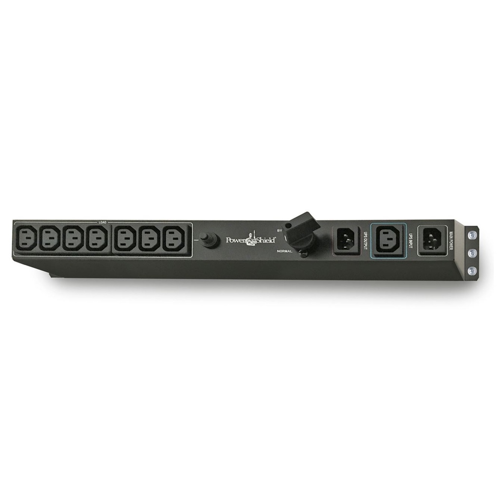 9346909000750 PowerShield Rack Mount Bypass Switch Plus Hot Swap PDU for 1  2kVA, 1U, 10Amp Input, ensures uninterrupted power during maintenance