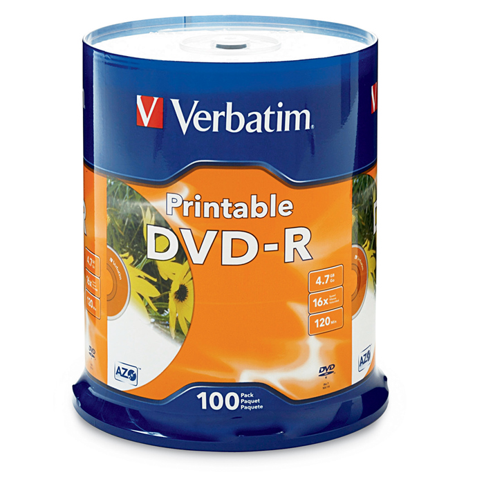 23942951537 Verbatim DVD-R 4.7GB 100Pk White InkJet 16x, Compatible for Full-Surface, Edge-to-Edge Printing, Superior ink absorption on high-resolution 5,760 DPI