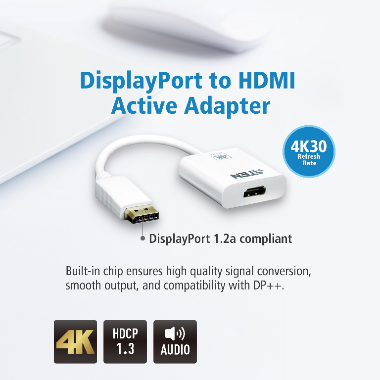 4719264643736 Aten 4K DisplayPort to HDMI Active Adapter, Supports VGA, SVGA, XGA, SXGA, UXGA, 1080p   resolutions up to 4K UHD, Supports AMD Eyefinity, DP to HDMI