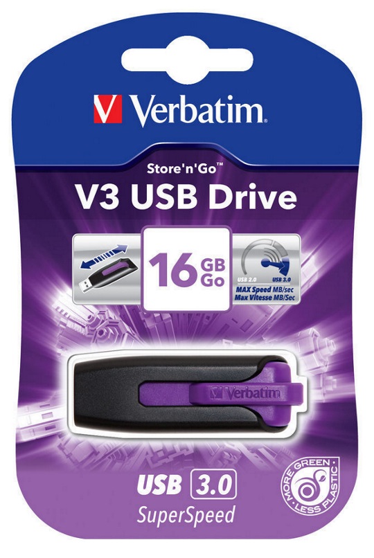 23942491804 Verbatim 16GB V3 USB3.0 Violet Store'n'Go V3; Rectractable USB Storage Drive Memory Stick