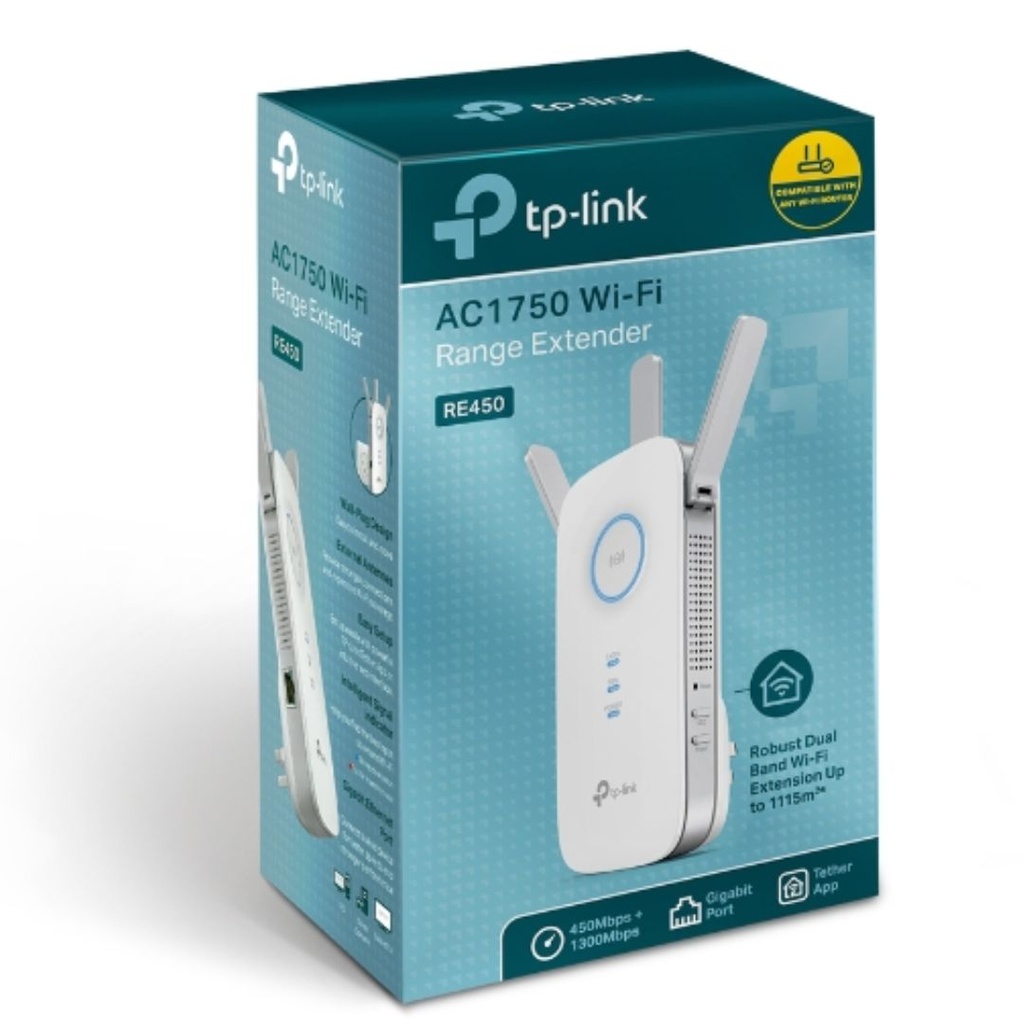6935364095994 TP-Link RE450 AC1750 1750Mbps Wi-Fi Range Extender 450Mbps@2.4GHz 1300Mbps@5GHz 1Gbps LAN Port 3xAntennas ~RE580D RE590T