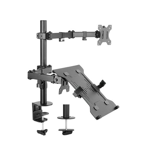 6956745160162 Brateck Economical Double Joint Articulating Steel Monitor Arm with Laptop Holder Fit Most 13"-32" Monitors, Up to 8kg/Screen VESA 75x75/100x1009 (LS)