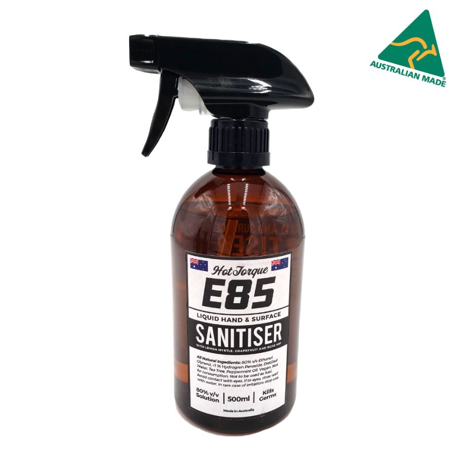 888088808868 HotTorque E85 Hand  Surface Sanitiser 500ml, 80% Ethanol, 100% Australian Made, WHO  TGA Standard, Natural Ingredients, Tea Tree  Peppermint Oil