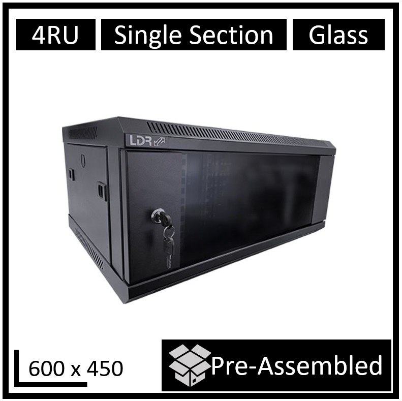SS450-4U-A LDR Assembled 4U Wall Mount Cabinet (600mm x 450mm) Glass Door - Black Metal Construction - Top Fan Vents - Side Access Panels
