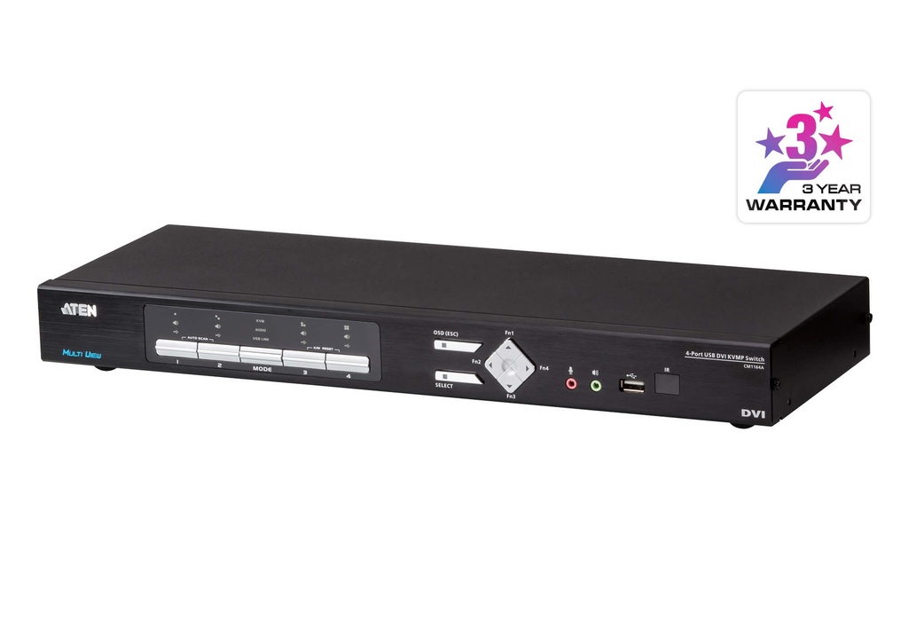 KVA-CM1164A Aten 4-Port DVI Multi-View KVMP Switch, Quad View with Picture in Picture, support up to 1920 x 1200 @ 60 Hz, 4 DVI USB KVM Cables Included