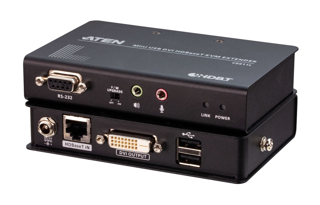 4719264648427 Aten DVI HDBaseT Mini KVM Extender, extends USB Keyboard and mouse with DVI video up to 1920 x 1200 @ 100m (Cat 6a), 2 USB 2.0 ports,