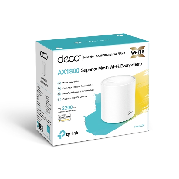 6935364052294 TP-Link Deco X20 (1-pack)AX1800 Whole Home Mesh Wi-Fi 6 System, Up To 200 sqm Coverage, WIFI6, 1201Mbps @ 5Ghz, 574Mbps @ 2.4 GHz OFDMA, MU-MIMO (WIFI