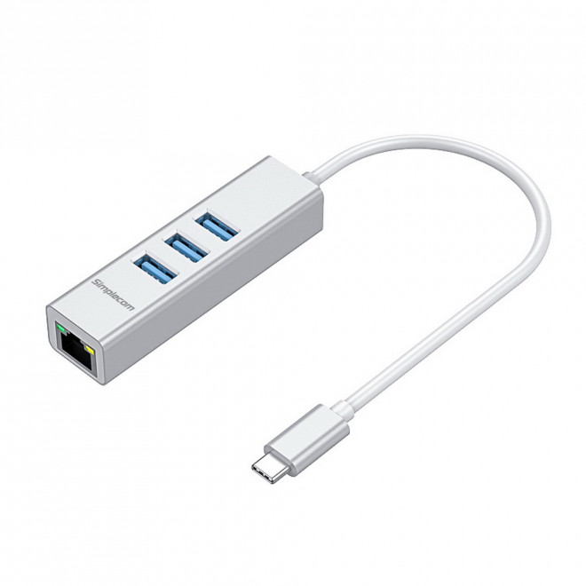 9350414001980 Simplecom CHN421 Silver Aluminium USB-C to 3 Port USB HUB with Gigabit Ethernet Adapter