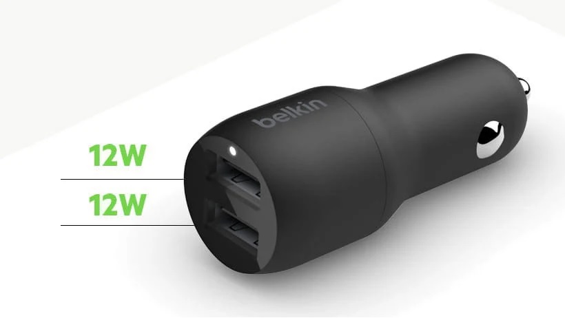 745883790425 Belkin BoostCharge Dual USB-A Car Charger 24W - Black (CCB001btBK), 2xUSB-A (12W), Dual Port Fast  Compact Charger, $2,500 CEW,2YR