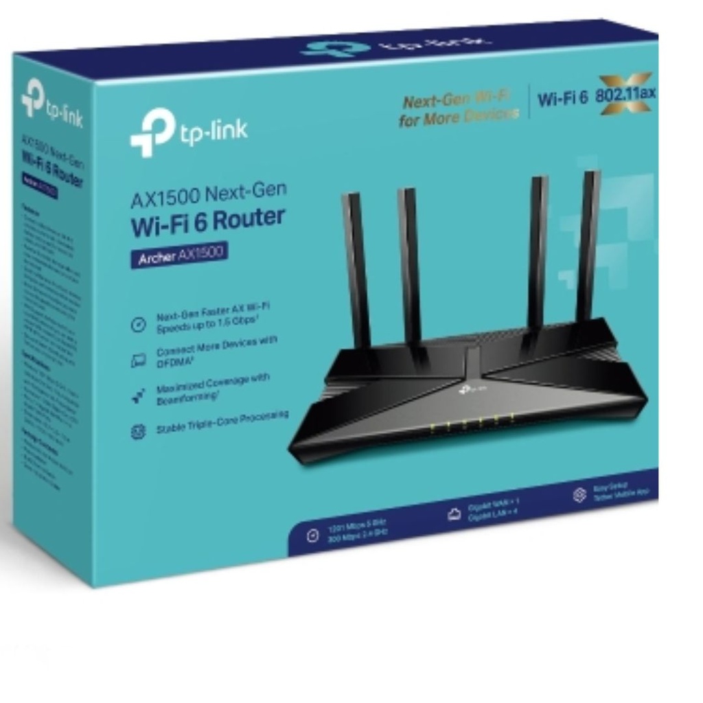 6935364085193 TP-Link Archer AX1500 AX1500 Wi-Fi 6 Router (802.11ax) Router 4x Gigabit Ports (WIFI6), 300 Mbps at 2.4 GHz + 1201 Mbps at 5 GHz