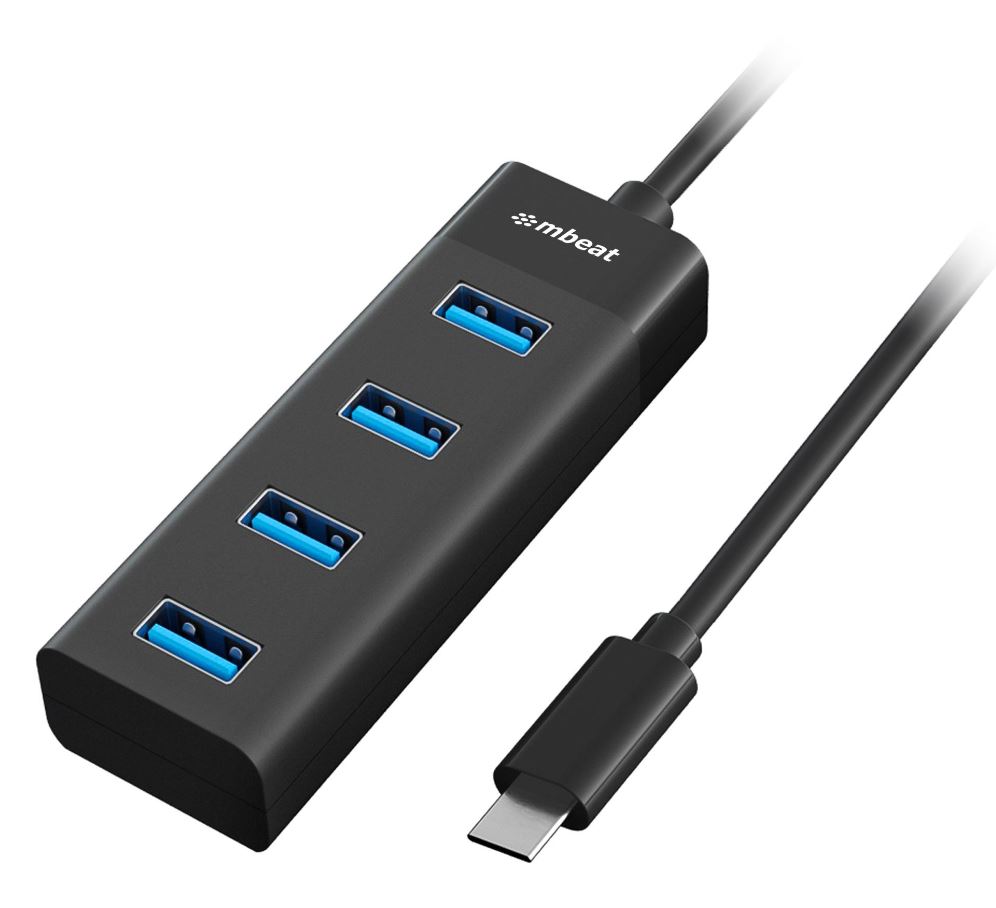 9346396003043 mbeat® USB-C to 4-Port 3.0 Hub - Black USB 3.0 transfer speeds up to 5Gbps Material: ABS Plastic Cable Length: 200mm Weights: 36g