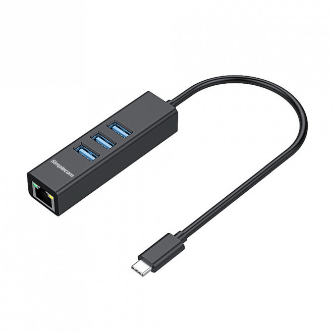 9350414001973 Simplecom CHN421 Black Aluminium USB-C to 3 Port USB HUB with Gigabit Ethernet Adapter