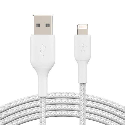 745883788750 Belkin BoostCharge Braided Lightning to USB-A Cable (2m/6.6ft) - White(CAA002bt2MWH), 480Mbps, 10K+ bend, Apple iPhone / iPad / Macbook, 2YR