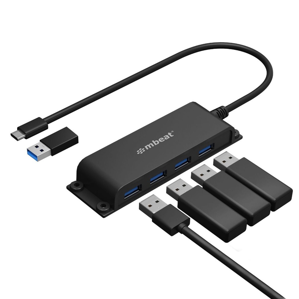 9346396003333 mbeat® Mountable 4-Port USB-A  USB-C Adapter Hub - 60cm Data Cable, USB 3.0, 2.0 High-Speed Data Port Expansion, Save Space Mounting Solution