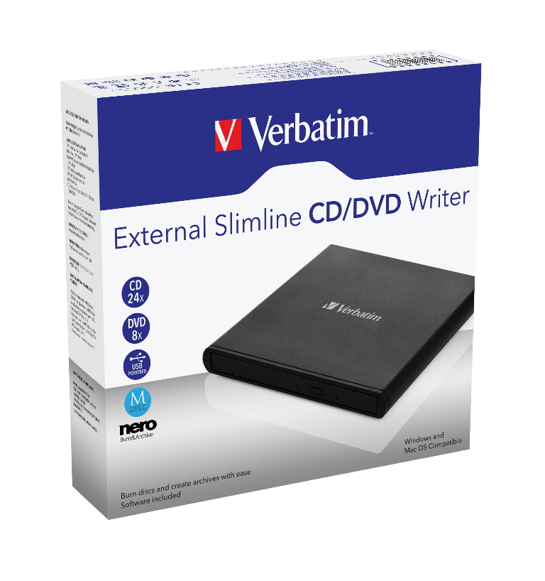 23942989387 Verbatim External Slimline CD/DVD Reader, Writer, Burner, Player, Ultra Portable on the Go, Notebooks, USB Powered Black Mobile, Retail Pack