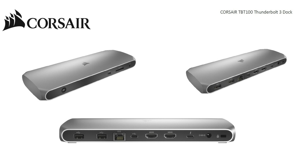 840006622611 Corsair TBT100 Thunderbolt 3 , 2x USB-C 3.2, 2x 4K @ 60Hz HDMI, GB Ethernet, SDXC Card, Slim Aluminum. 100w Adaptor, 85w PD,  MS  MAC Docking Station
