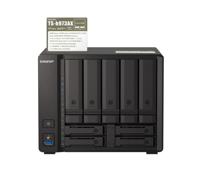TS-h973AX-8G Qnap TS-h973AX 9-Bay NAS AMD Ryzen™ Embedded V1500B quad-core eight threads 2.2 GHz processor 8G Hot-swappable 2 x2.5GbE 1x10GBASE-T 4xUSB3.2 3YR WTY