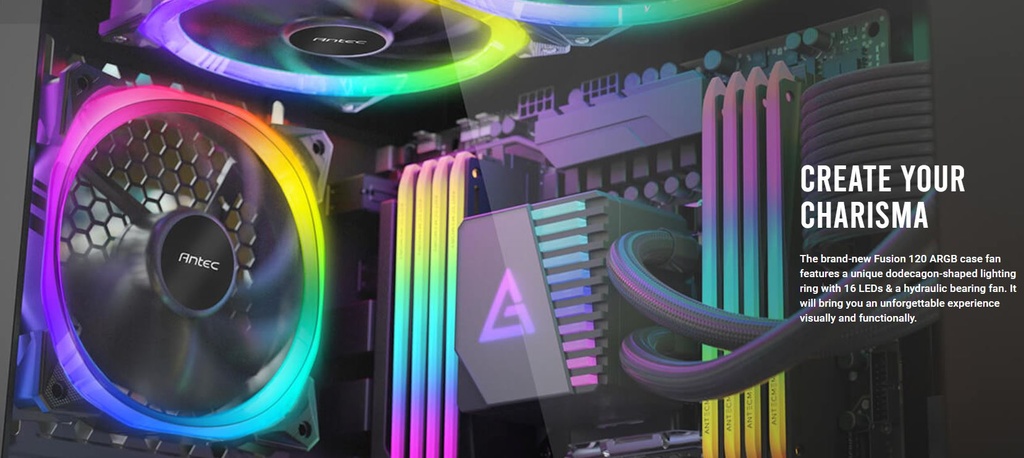761345570107 Antec Fusion 3x 120mm ARGB PWM HB Fan + ARGB Controller, 57.93 CFM, AP 2.11, Noise Level 31.21. Woven Cable, PMW Daisy Chain design, 3 Yrs Wty