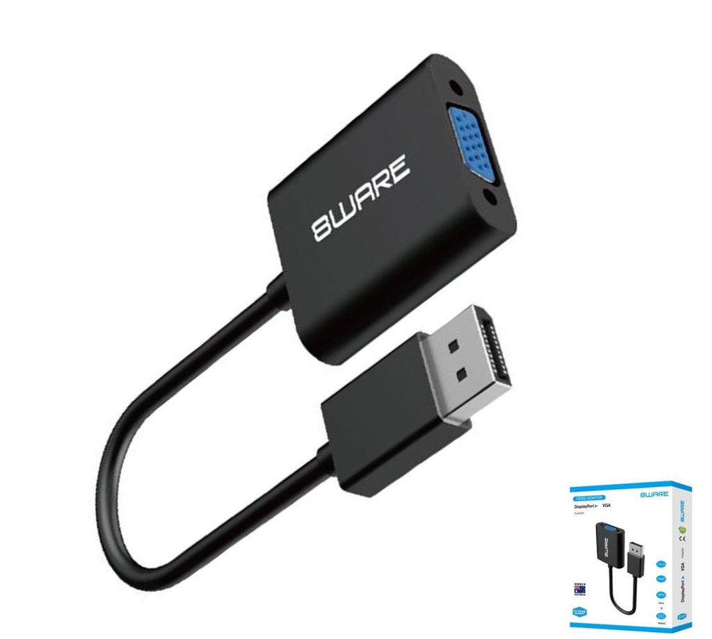 754523500195 8ware DisplayPort DP to VGA Adapter Converter Cable Male to Female Retail Pack 4K Gold-Plated for Video Card PC Laptop MacBook to Monitor Projector TV