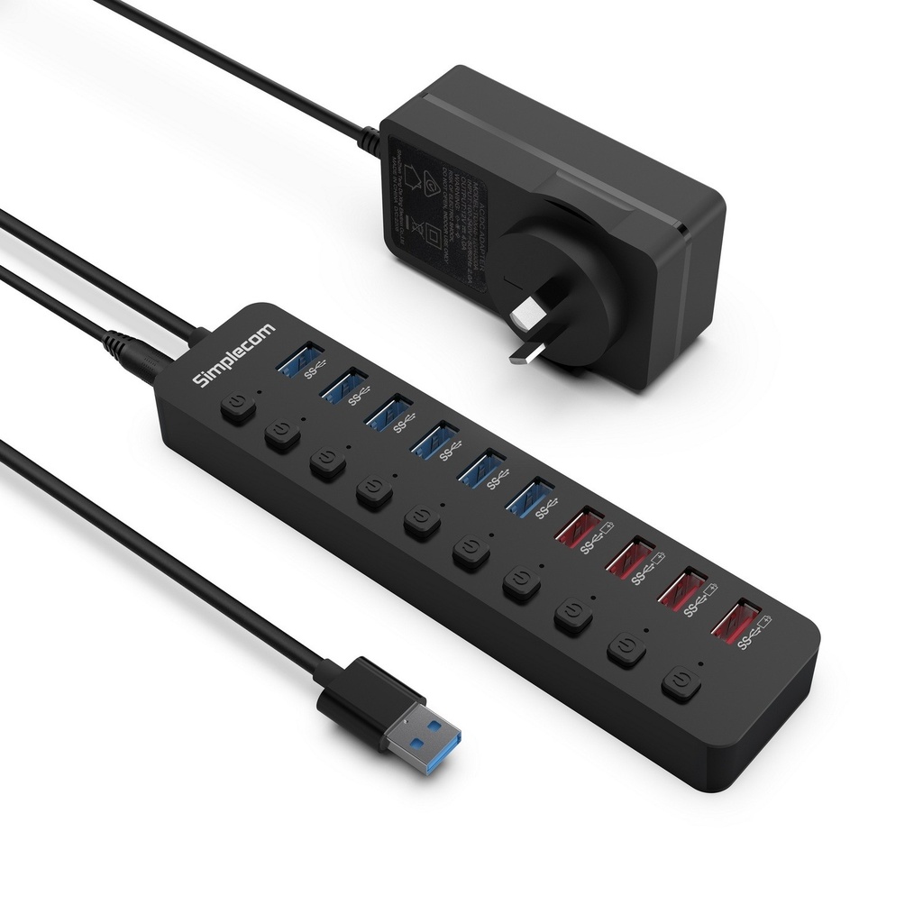 9350414002918 Simplecom CHU810 48W 10-Port USB 3.0 Hub and Charger with Individual Switches 12V/4A Power Adapter BC1.2 Fast Charging