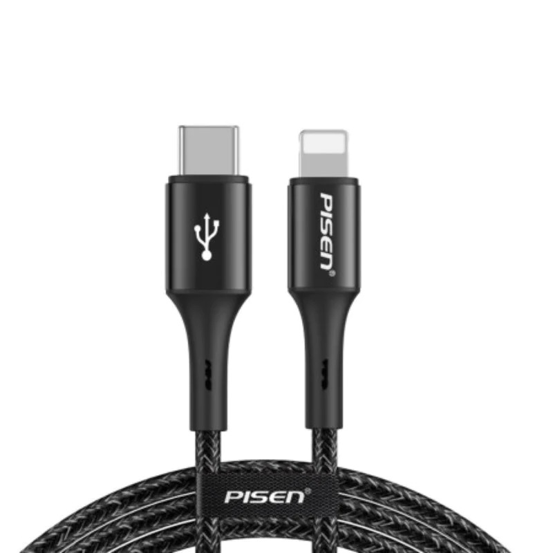 6902957013185 Pisen Braided Lightning to USB-C PD Fast Charge Cable (1.2M) Black-Supports 2.4A,Reinforced Wire Treatment,Extended Soft SR, Apple iPhone/iPad/MacBook