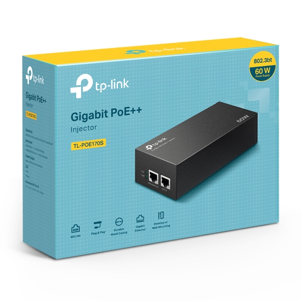 4897098683897 TP-Link TL-POE170S Omada PoE++ Injector, 2 Gigabit Ports, 802.3af/at/bt, Integrated Power Supply, Wall Mountable, Plug  Play