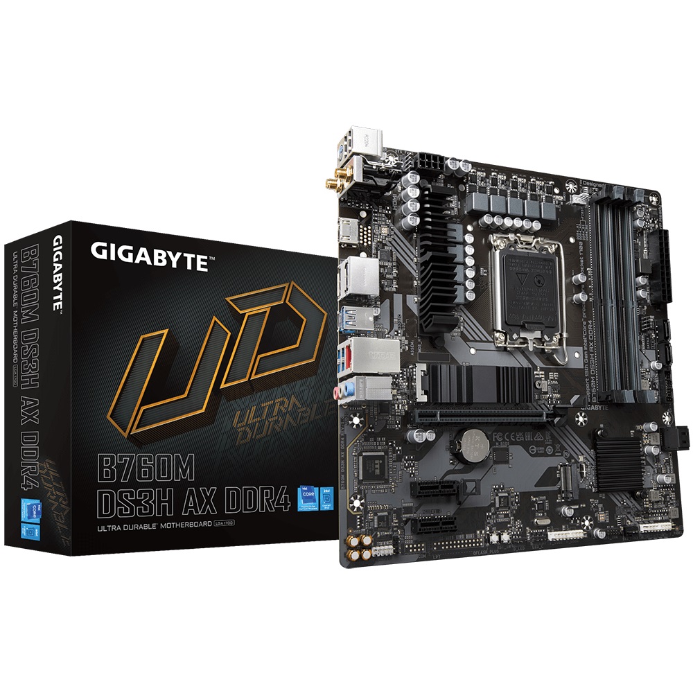 4719331850869 Gigabyte B760M DS3H AX DDR4 Intel LGA 1700 m-ATX Motherboard, 4x DDR4 ~128GB, 1x PCI-E x16, 1x PCI-E x1, 2x M.2, 4x SATA, 3x USB 3.2, 2x USB 2.0, 1x T