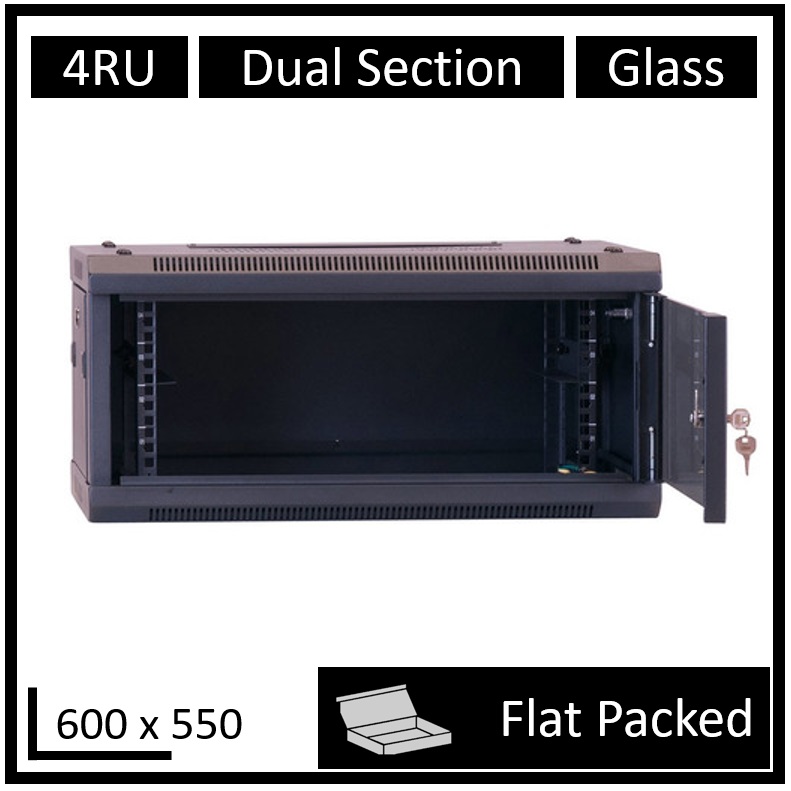 DS550-4U-FP LDR Flat Packed 4U Hinged Wall Mount Cabinet (600mm x 550mm) Glass Door - Black Metal Construction - Top Fan Vents - Side Access Panels