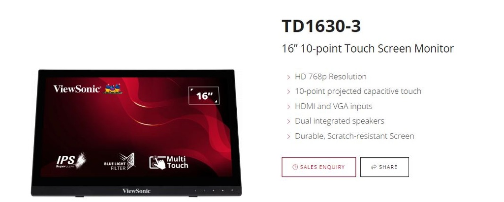 766907985511 ViewSonic TD1630-3 16" 10 Point Projected Capactitive Touch, HDMI and VGA, Dual Speakers, Durable, Scratch Resistant, VESA 75, Monitor. KIOSK