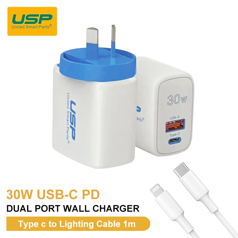 6972475750480 USP 30W Dual Ports (USB-C PD + USB-A QC3.0) Fast Wall Charger + Lightning Cable (1M) -Safe Charge,Compact,Travel Ready,Charge 2 Devices Simultaneously