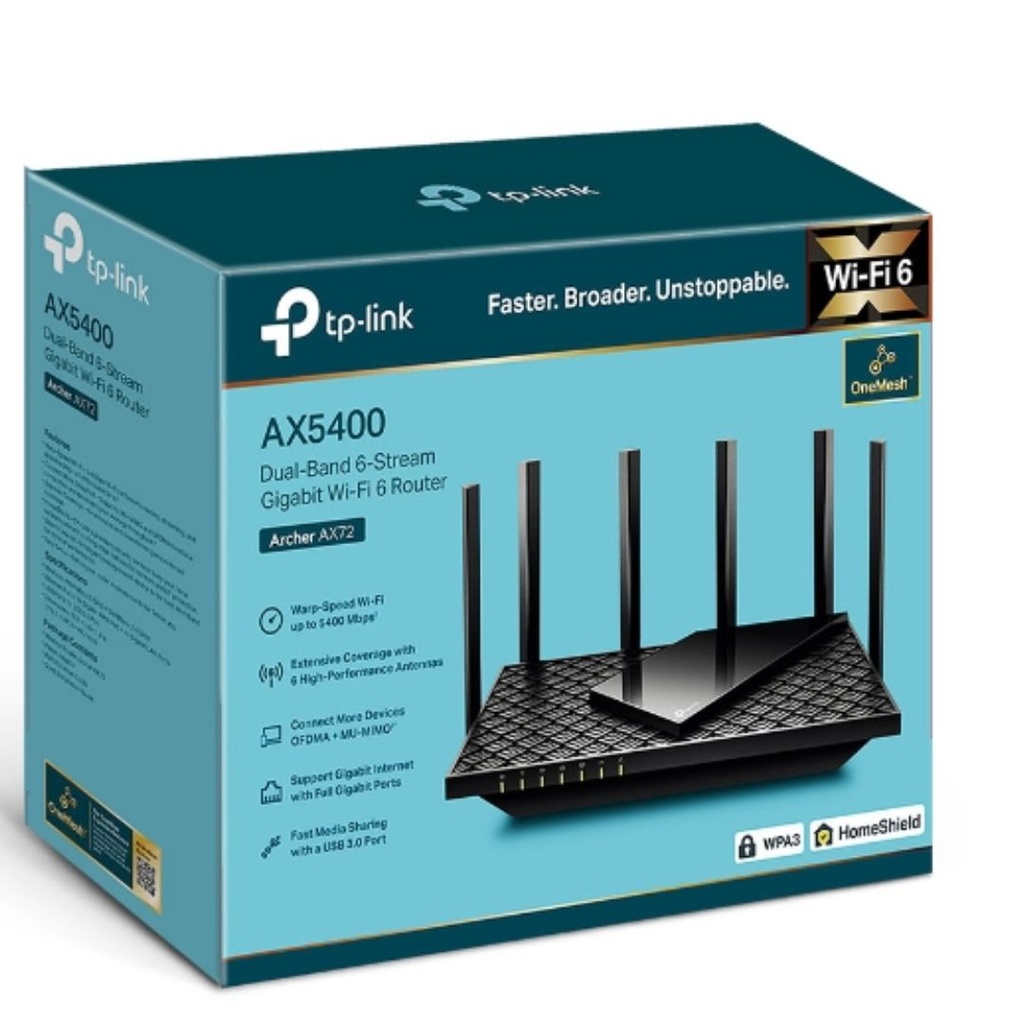 4897098687215 TP-Link Archer AX72 AX5400 Dual-Band Gigabit Wi-Fi 6 Router, MU-MIMO, OFDMA, 6x Antennas, Beamforming, 1x USB 3.0, Advanced Security and QoS
