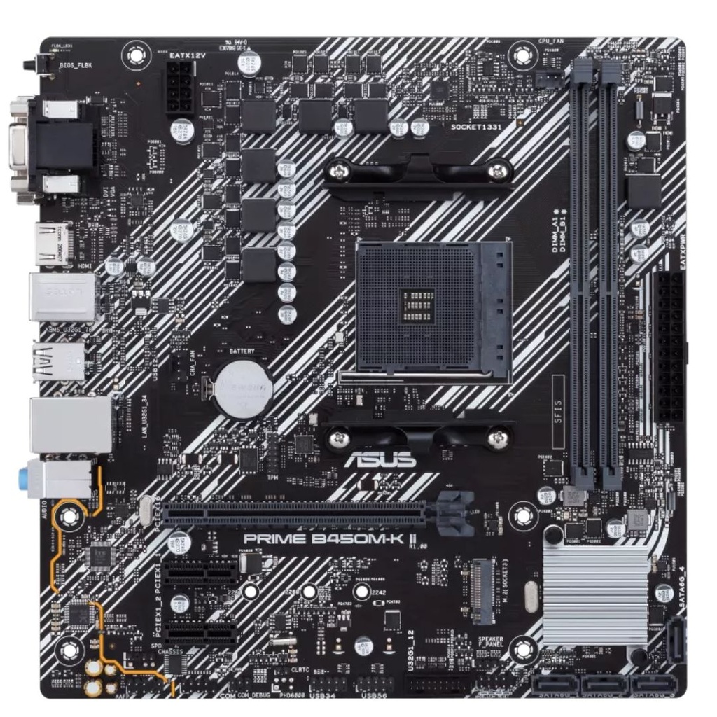 4718017932387 ASUS AMD B450M PRIME B450M-K II (Ryzen AM4) Micro ATX Motherboard with M.2 support, HDMI/DVI-D/D-Sub, SATA 6 Gbps, 1 Gb Ethernet, USB 3.2 Gen 1 Type-A