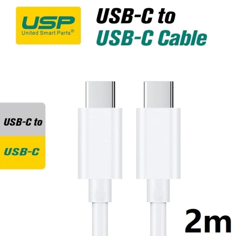 6972890207538 USP USB-C to USB-C Mini Cable (2M) - White, 3A (60W), Fast Charge, High Performance, Durable, 8K Bend, Samsung Galaxy,Apple iPhone,iPad,MacBook,Google
