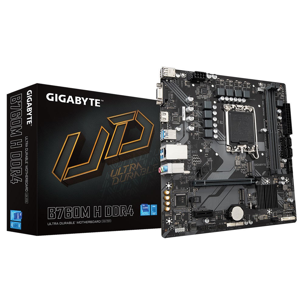 4719331854645 Gigabyte B760M H DDR4 Intel LGA 1700 m-ATX Motherboard, 2x DDR4 ~64GB, 1x PCI-E x16, 2x M.2, 4x SATA, 3x USB 3.2, 2x USB 2.0,