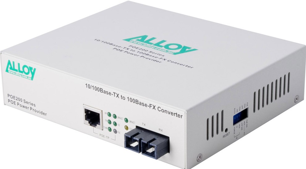 NHA-POE200SC Alloy POE200SC PoE PSE Fast Ethernet Media Converter, has a 10/100Mbps PoE RJ-45 port and a SC terminated multimode fibre port