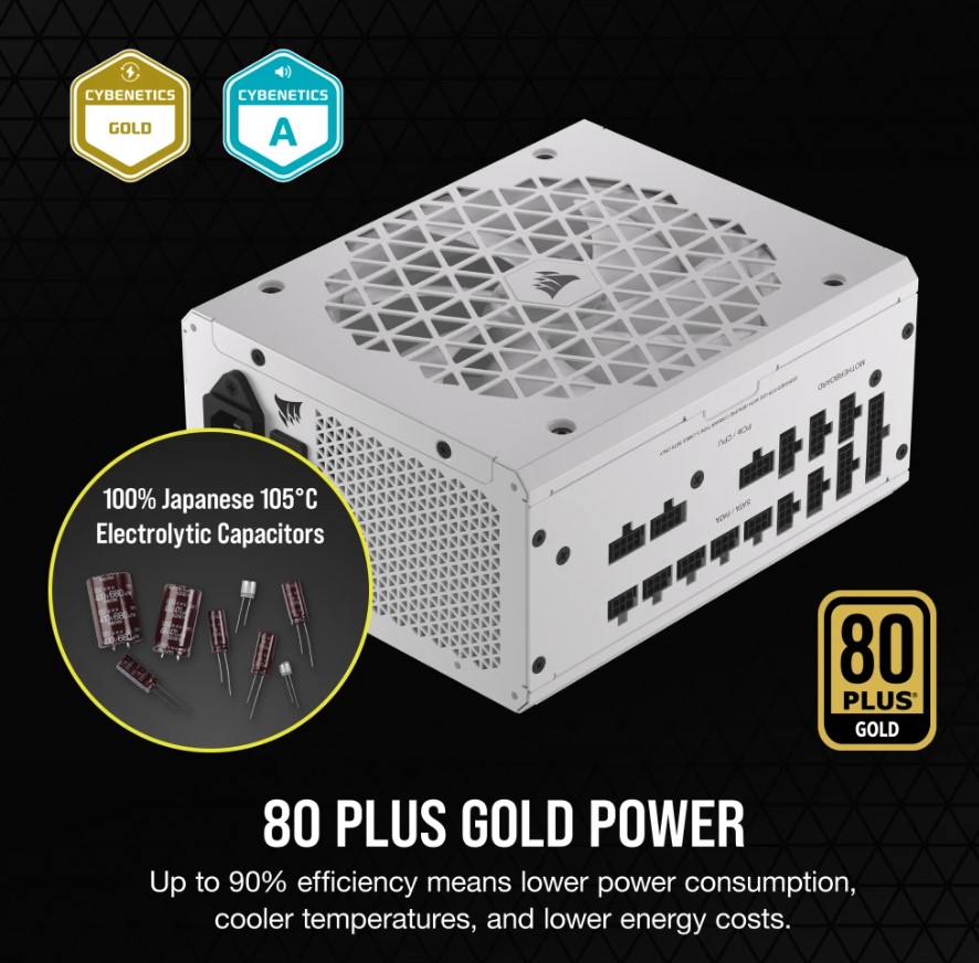 840006668343 Corsair RMx Shift White Series, RM1000x Shift White, 1000 Watt, 80 PLUS GOLD Certified, Fully Modular Power Supply