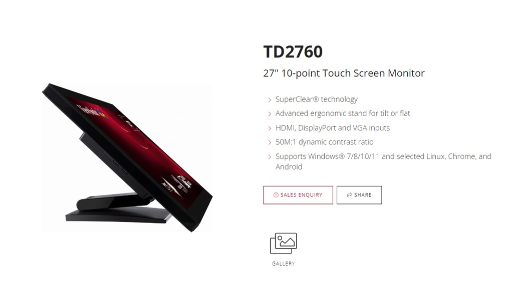 766907002775 ViewSonic 27" TD2760 10-point Touch Screen, RS232 Serial Port, Advance Ergonomic Tilt or flat. Supports Winodws, Chrom, Linux, Android, Monitor,