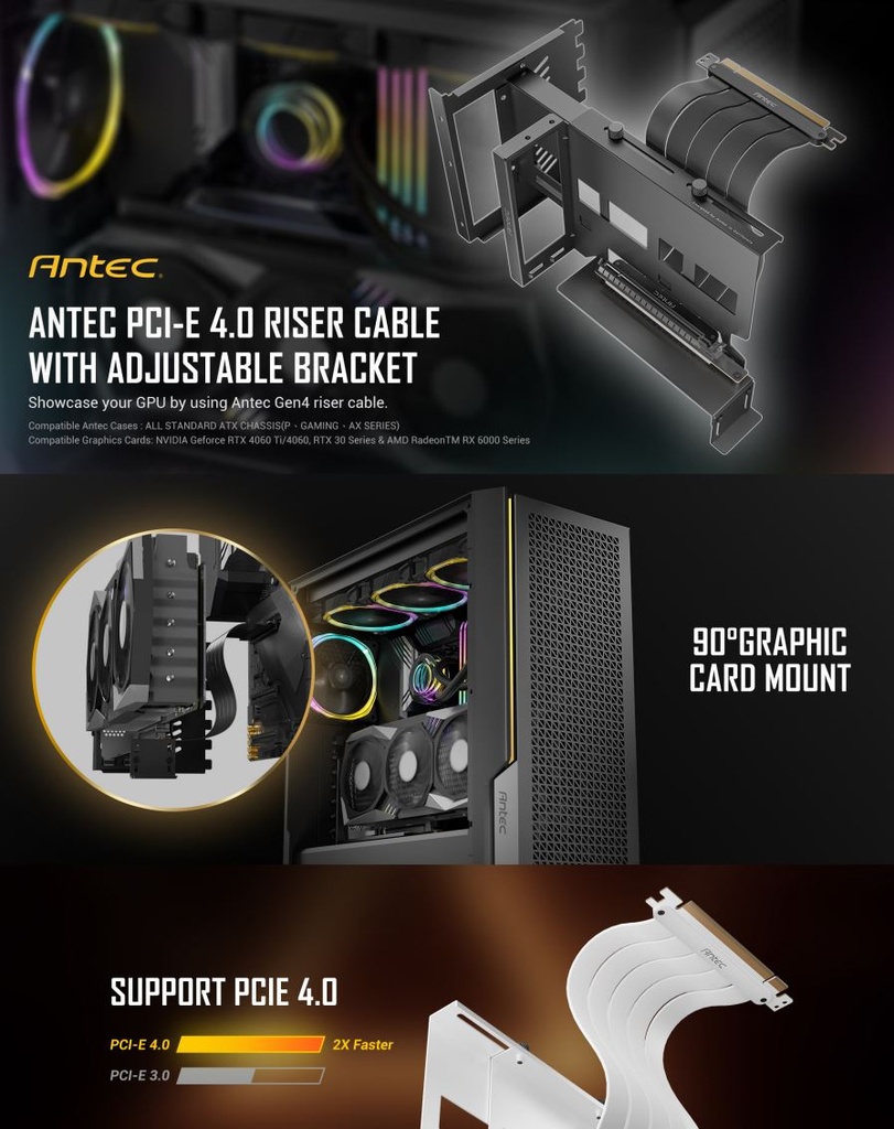 0-761345-77718-6 Antec Adjustable Vertical PCI Bracket and PCI-E 4.0 Cable Kit (200mm) White. Universal. Premium Gold Plated + RTX 4050 / 4060 / 4070 and AMD 6000
