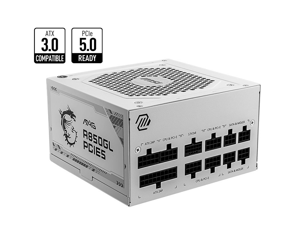 4711377115391 MSI MAG A850GL PCIE5 WHITE 850W Up to 90% (80 Plus Gold) ATX Power Supply Unit, PFC, 100~240 VAC, 850W, 47-63Hz, PCI-E, SATA, FDD