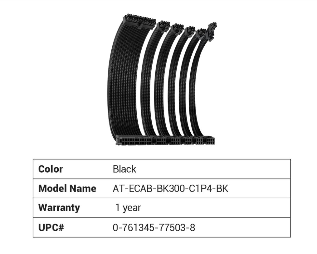 0-761345-77503-8 Antec CIP4 Cable Kit Black - 6 Pack, 24ATX, 4+4 EPS, 16AWG Thicker, High Performance 300mm long Length. Premium Sleeved  Universal