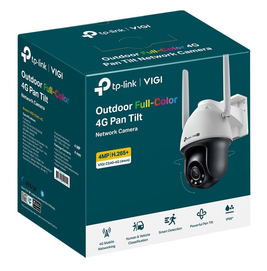 4895252504910 TP-Link VIGI 4MP C540-4G(4mm) Outdoor Full-Color 4G Pan Tilt Network Camera, 4mm Lens, 4G Mobile Networking, Automatic Tracking, 360° Monitoring: